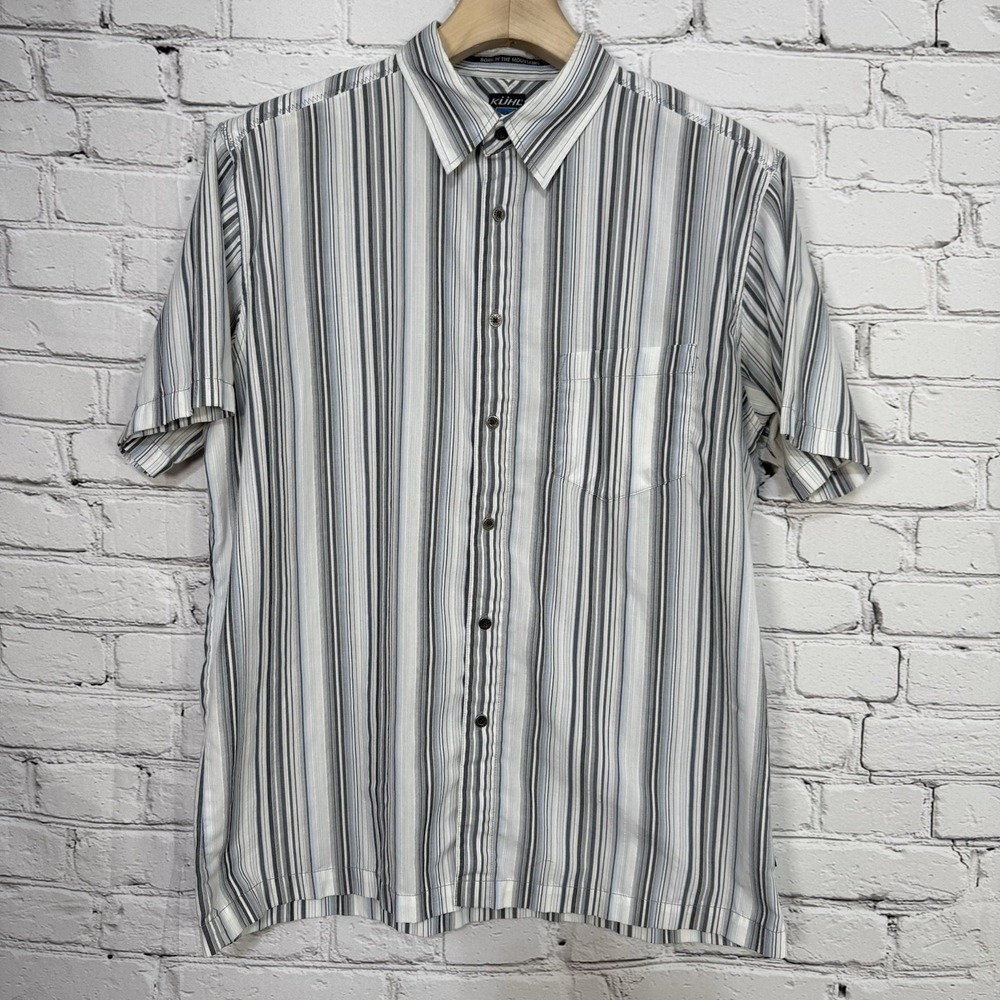 KUHL Men's Tornado Shirt L Cloud Blue Short Sleeve Button Front Striped 38978